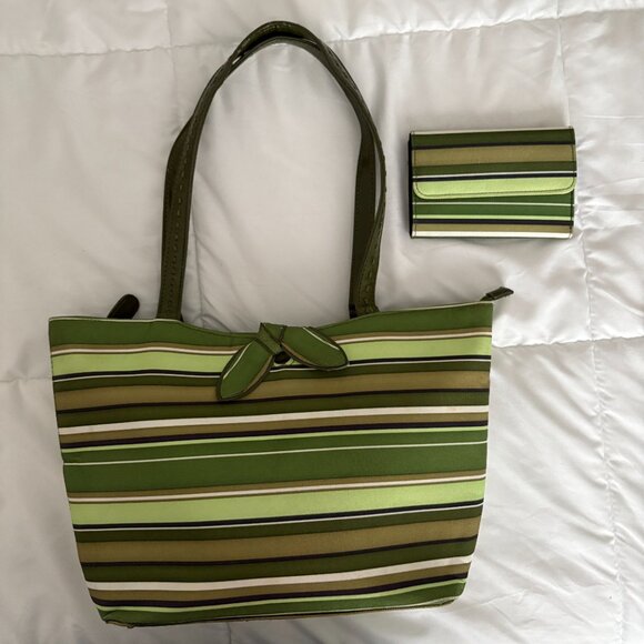Fashion Bag with Matching Wallet Green Stripes Spring Shoulder Bag Summer Purse - Picture 8 of 13